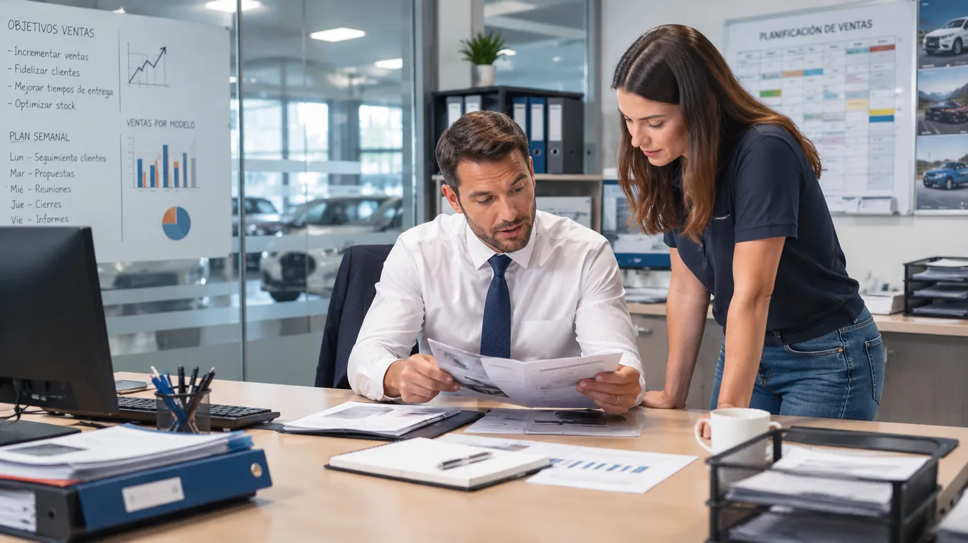 Dos profesionales revisando informes en una oficina