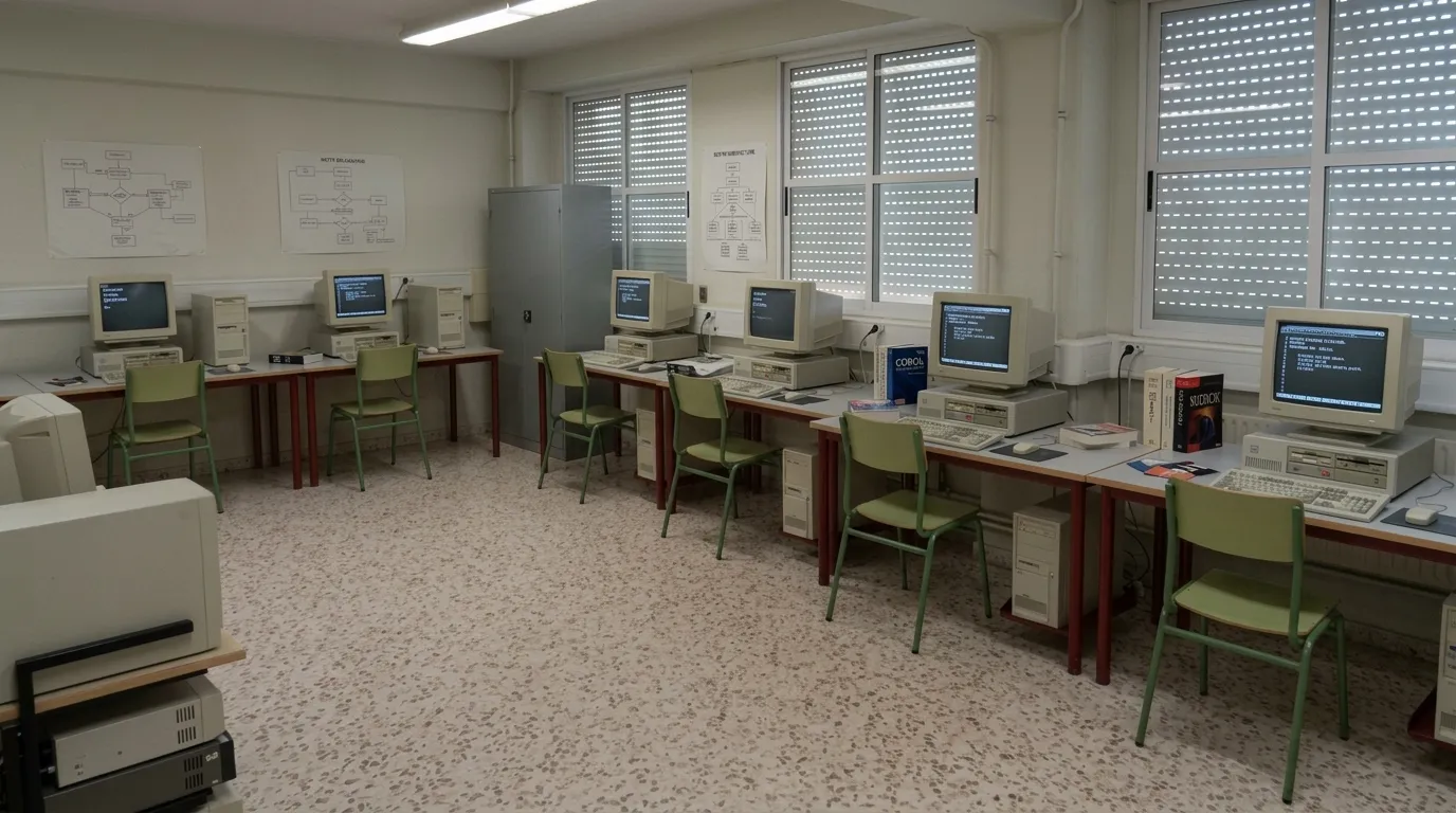 Aula de informática con ordenadores de los años noventa